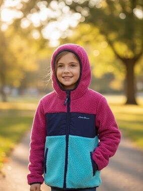 Eddie Bauer Kids Colorblock Sherpa Jacket - Fuchsia, Teal & Navy SIZE 7/8
